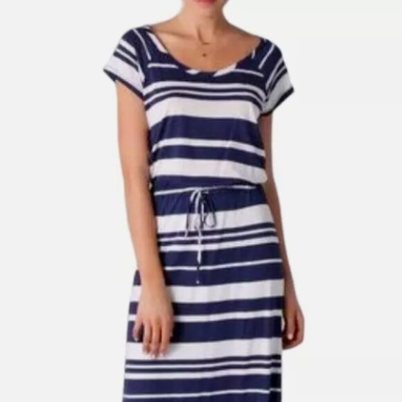 Splendid Maxi Dress Large Blue White Stripe Short Sleeve Scoop Neck Column - Picture 7 of 7